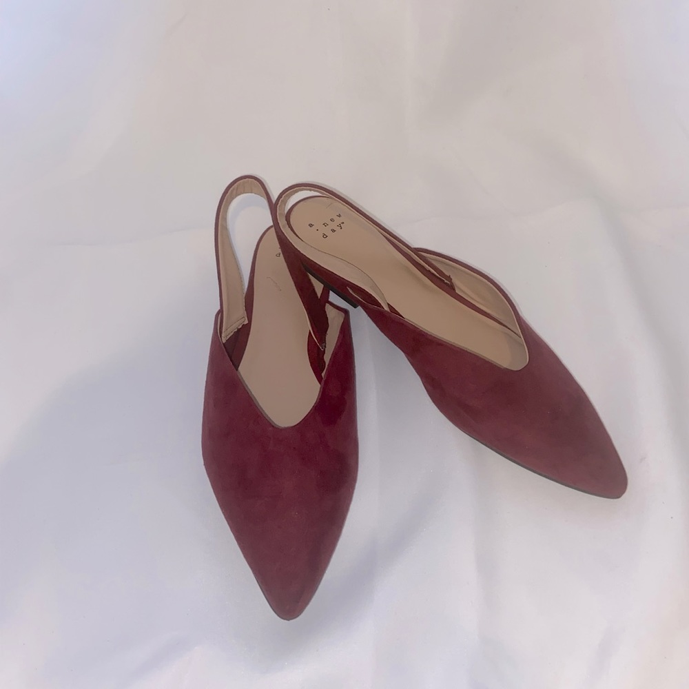 Red wine suede sling back mules size 7.